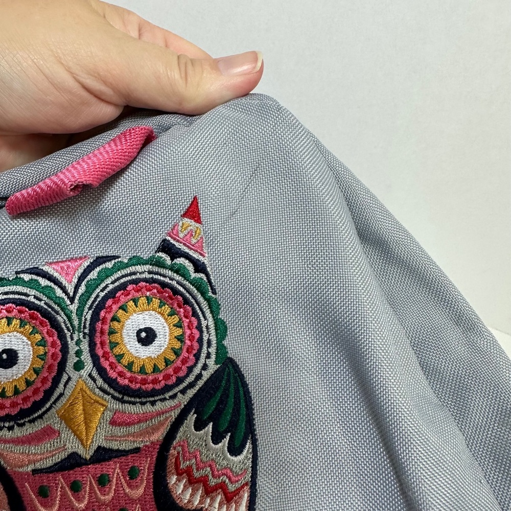 Hanna Andersson Embroidered Owl Flowers Full Size Backpack Gray Pink - Picture 4 of 12